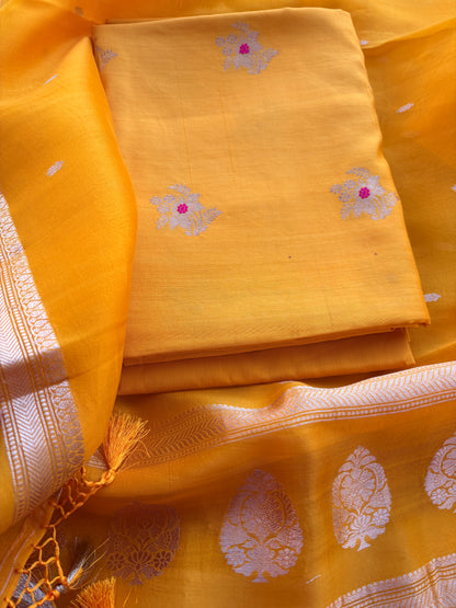 Yellow Chiniya silk meenadar kadhwa suit set