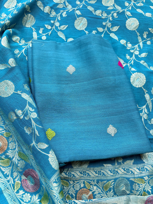 Firozi moonga silk suit set with jaal dupatta
