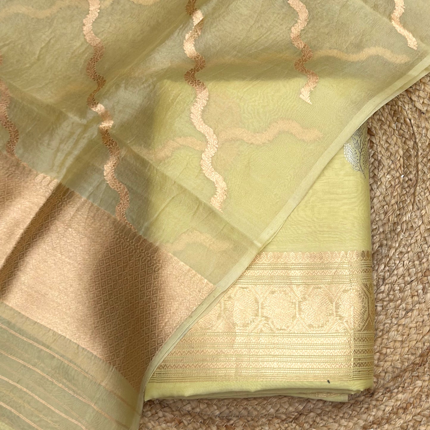 Lime yellow handloom silk suit set with kora silk dupatta