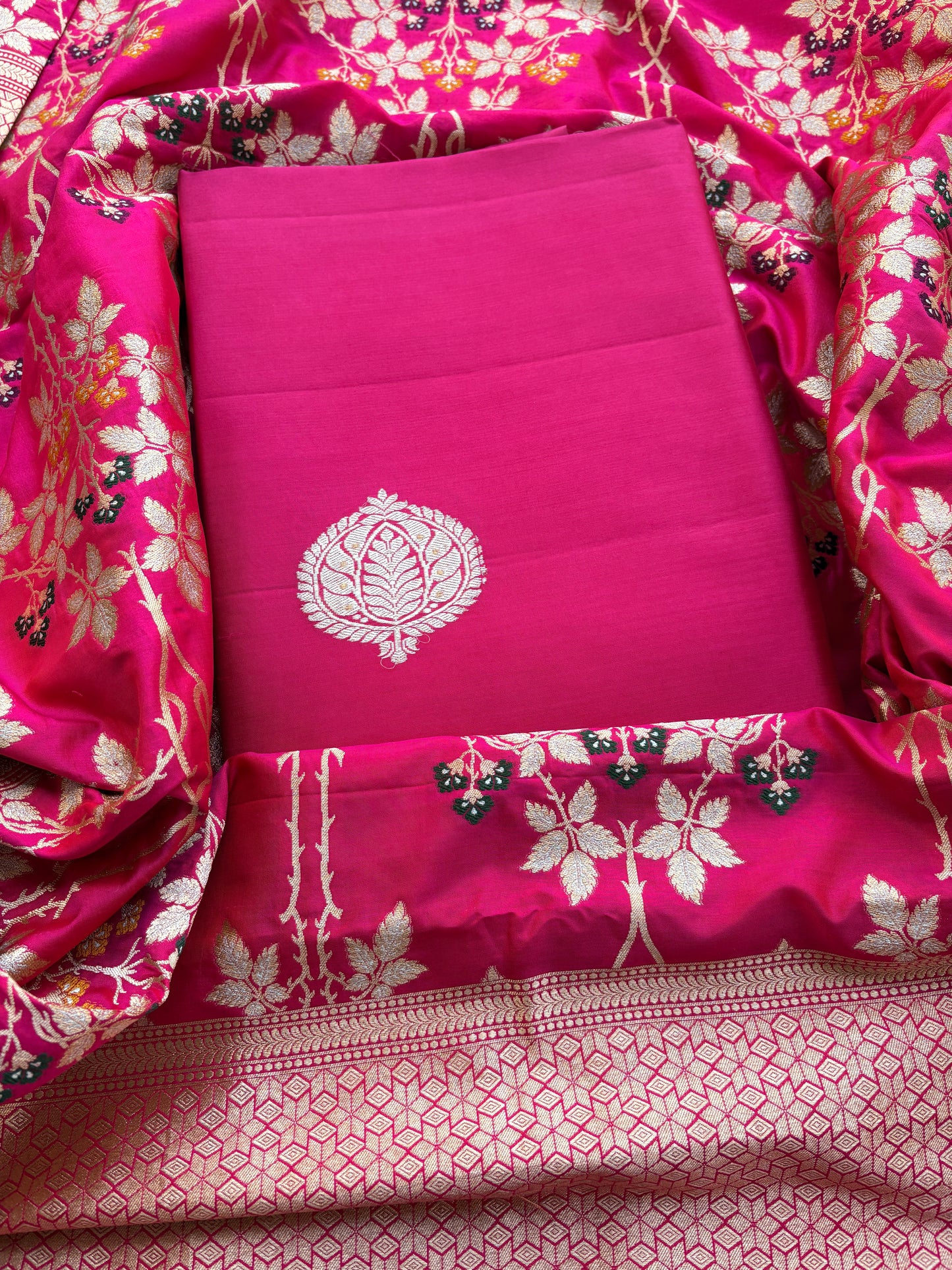 Pink katan silk suit with jaal dupatta suit set