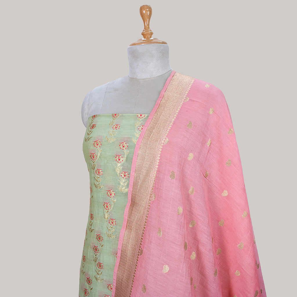 Pista green with baby pink dupatta pure cotton suit set