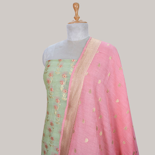 Pista green with baby pink dupatta pure cotton suit set