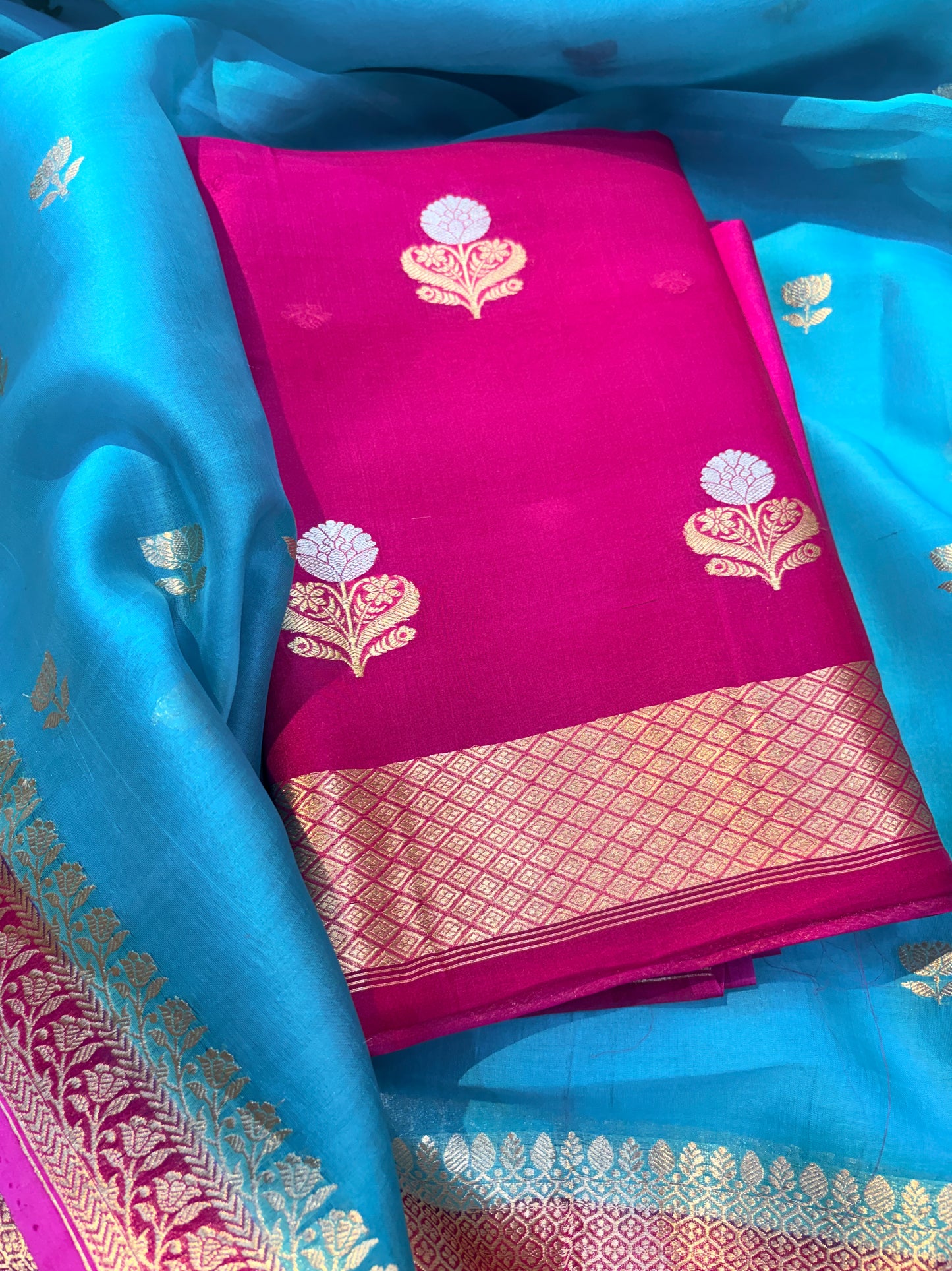 Pink kora silk suit with chaap dye dupatta ( FM -05)