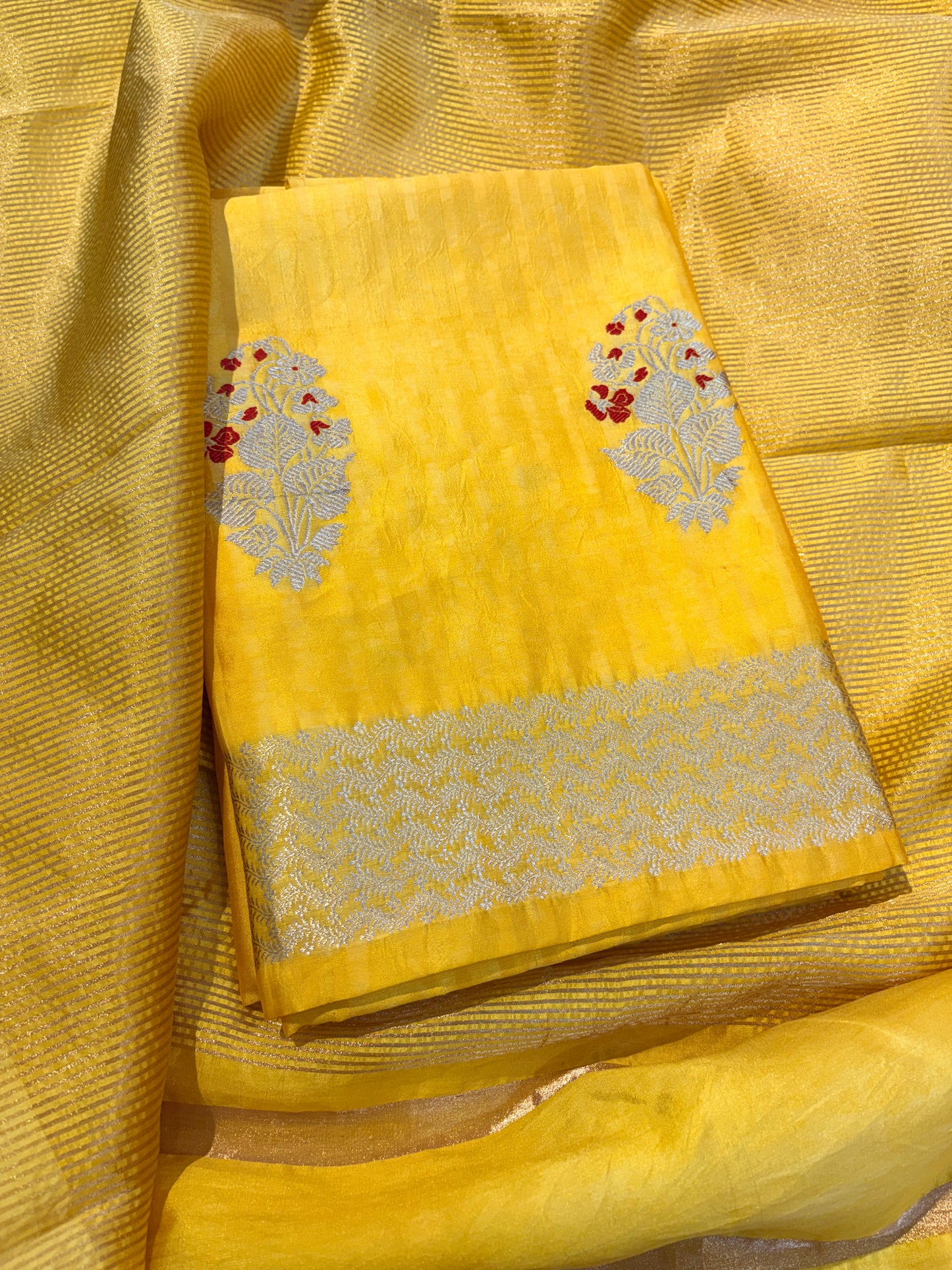 Yellow Chiniya silk kurta , bottom and tissue dupatta