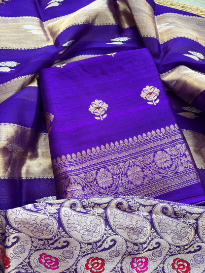 Purple raw silk kurta, bottom and kora tissue dupatta