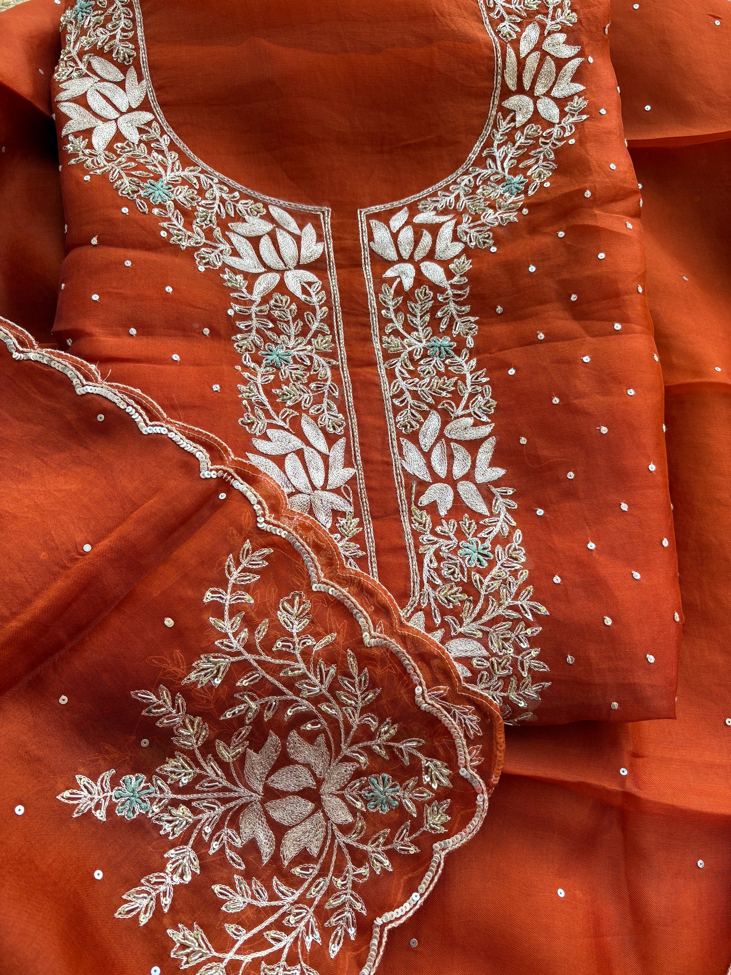 Rust kora silk hand embroidery suit set