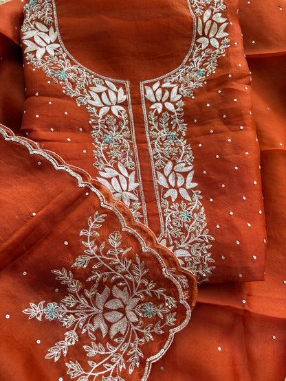 Rust kora silk hand embroidery suit set