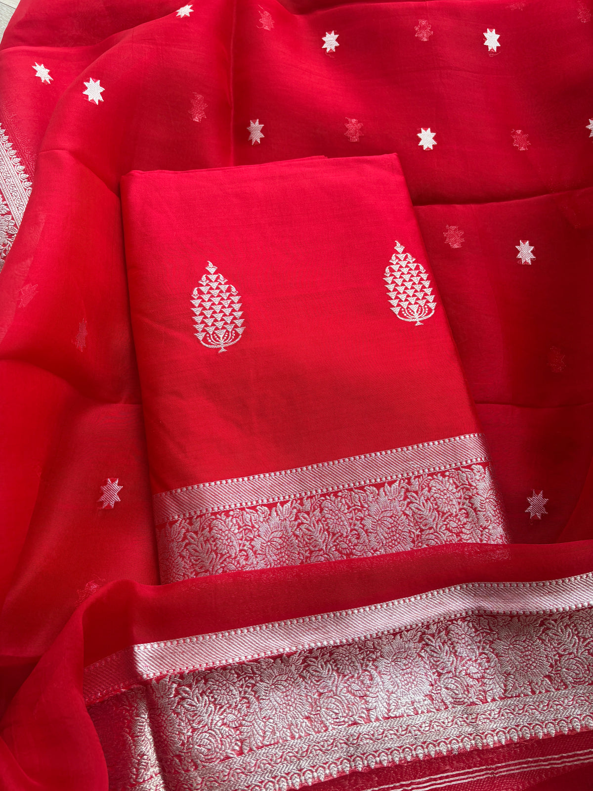 Red Chiniya kora silk silver zari suit