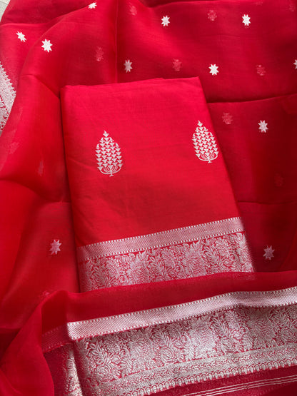 Red Chiniya kora silk silver zari suit