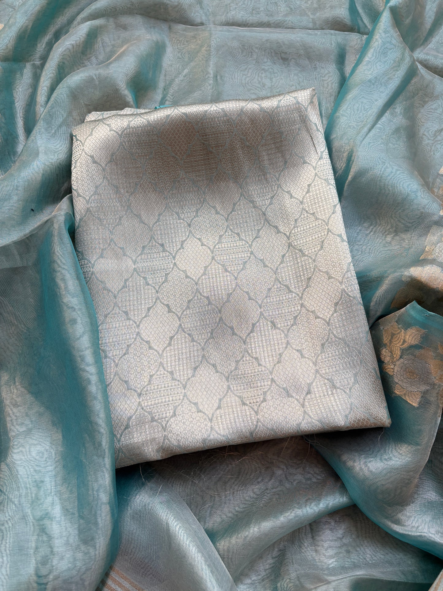 Blue pure tissue brocade silk suit set