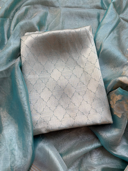 Blue pure tissue brocade silk suit set