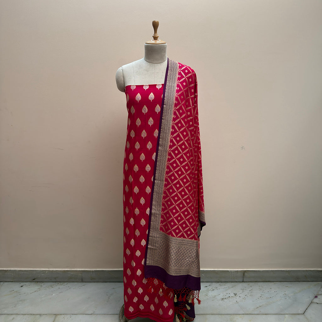 Pink red moonga silk suit set
