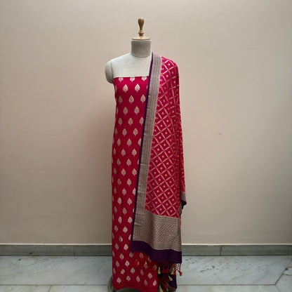 Pink red moonga silk suit set