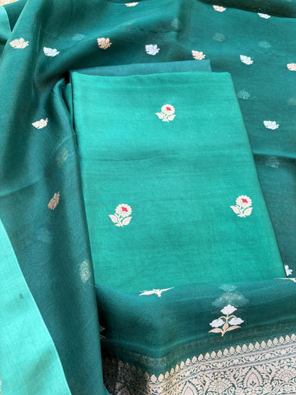 Green Chiniya silk kora dupatta suit set