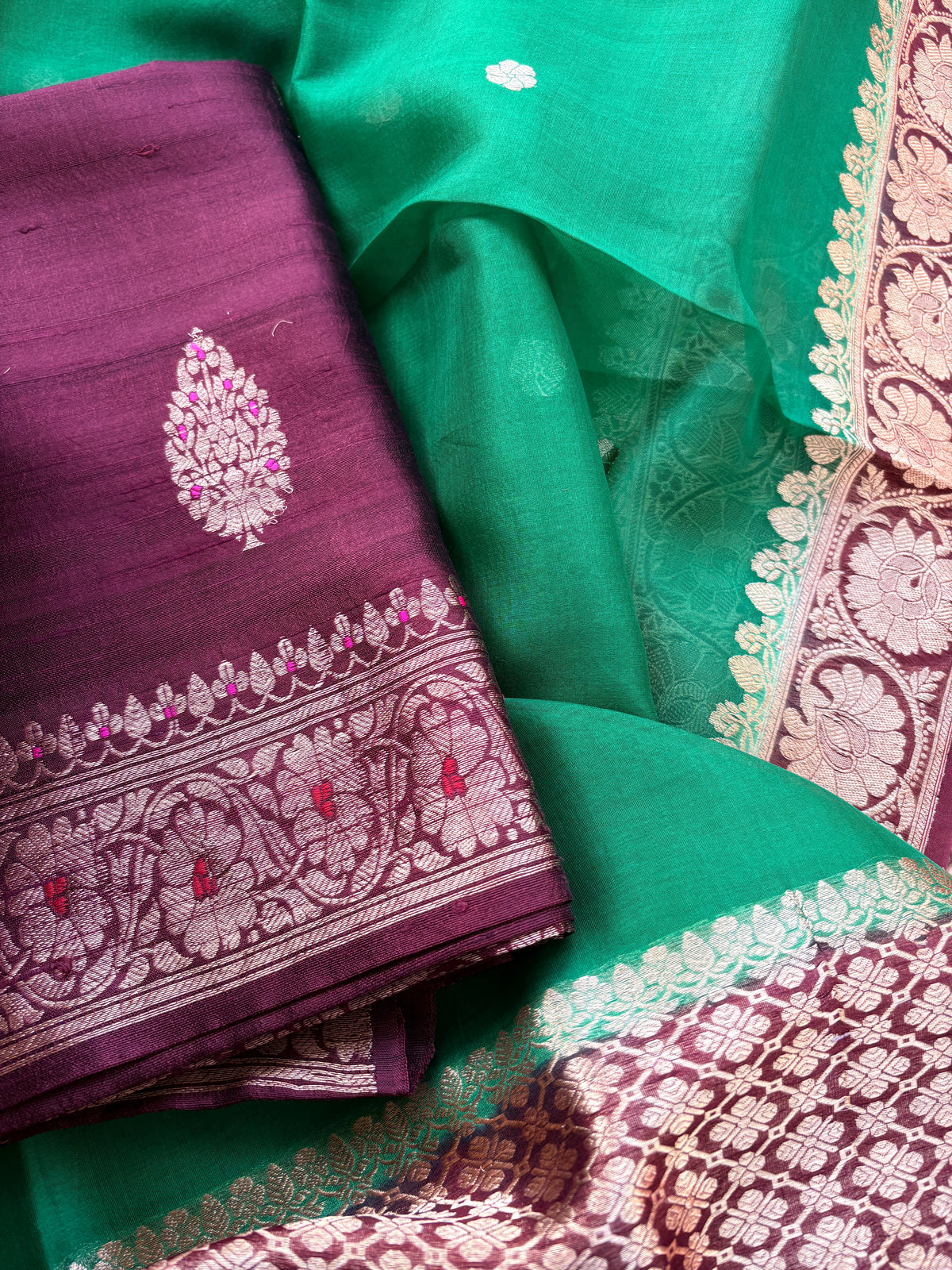 Wine kurta with green kora silk dupatta