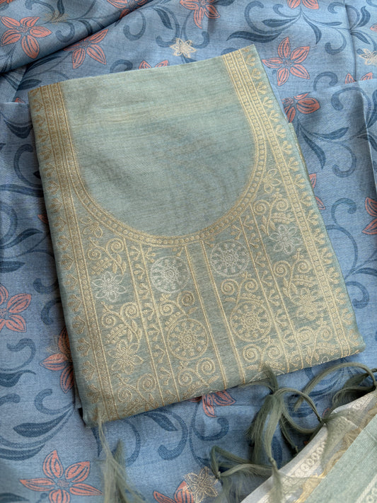 Green blue tussar printed suit set