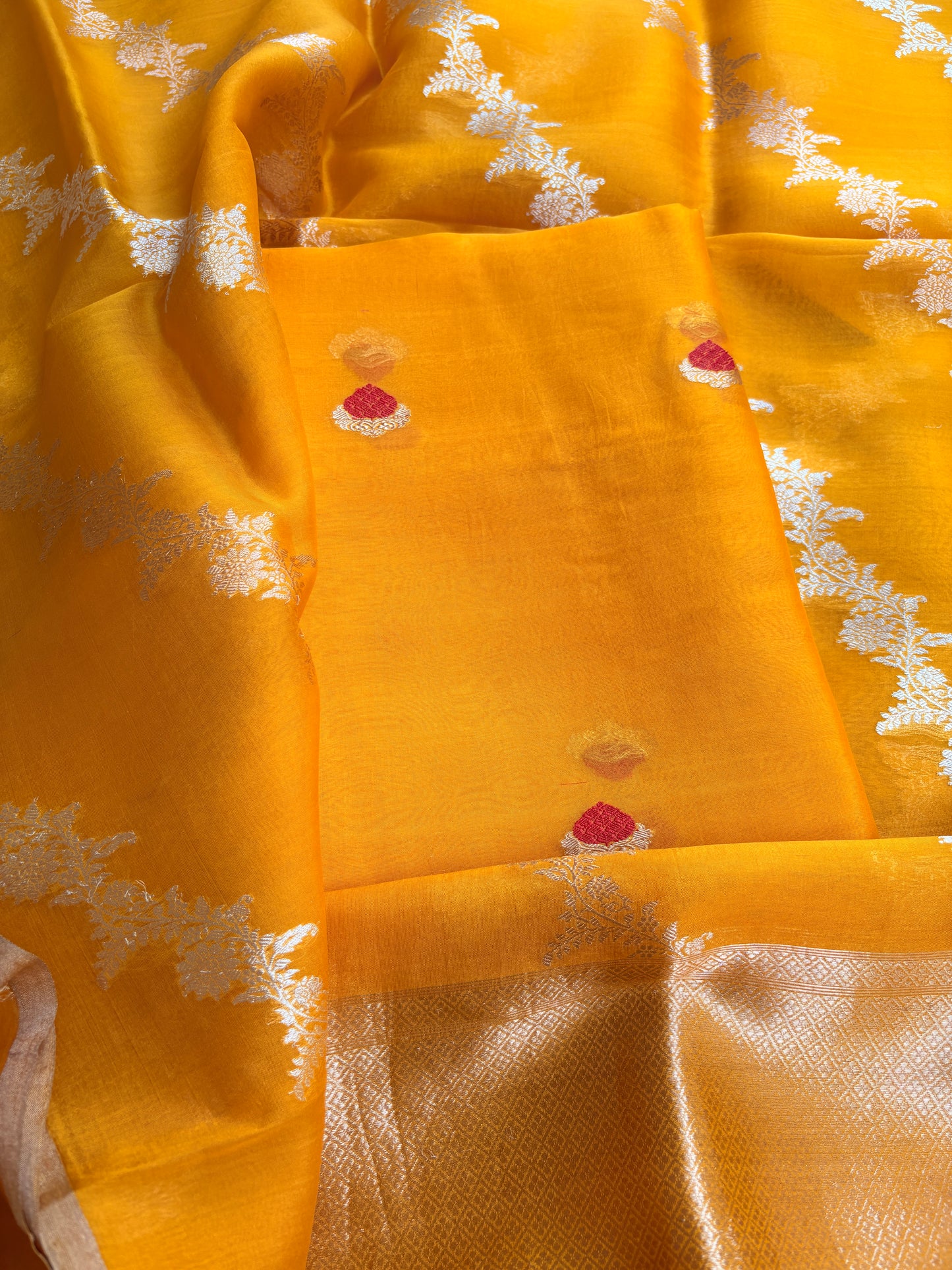 Yellow kora kadhwa silk suit set