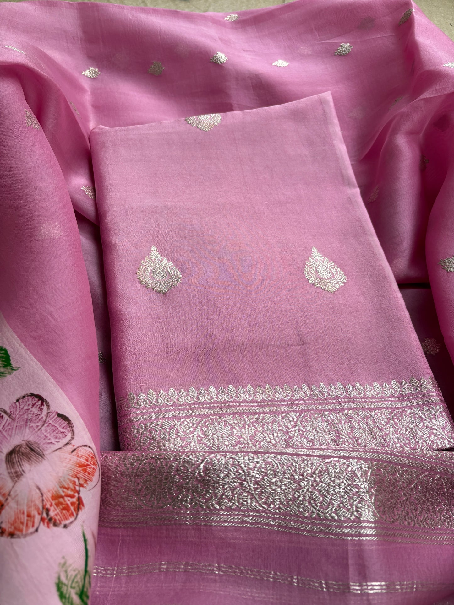 Pink silver zari Chiniya kora suit set