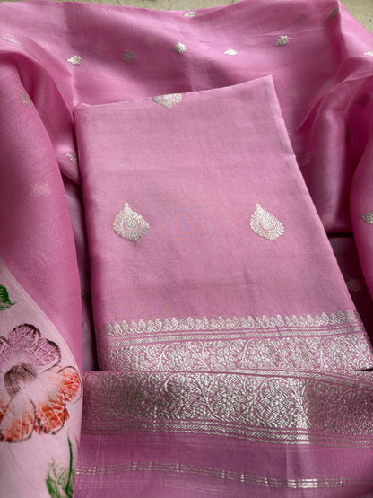 Pink silver zari Chiniya kora suit set