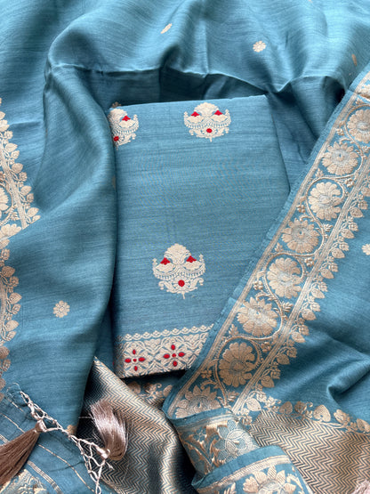 Blue moonga silk kadhwa suit set