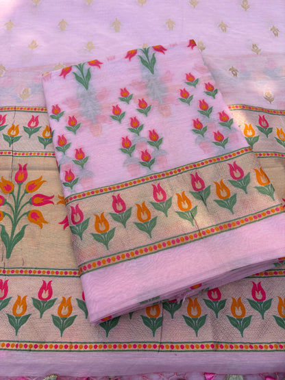 Pink meenadar flower design Chanderi cotton suit set