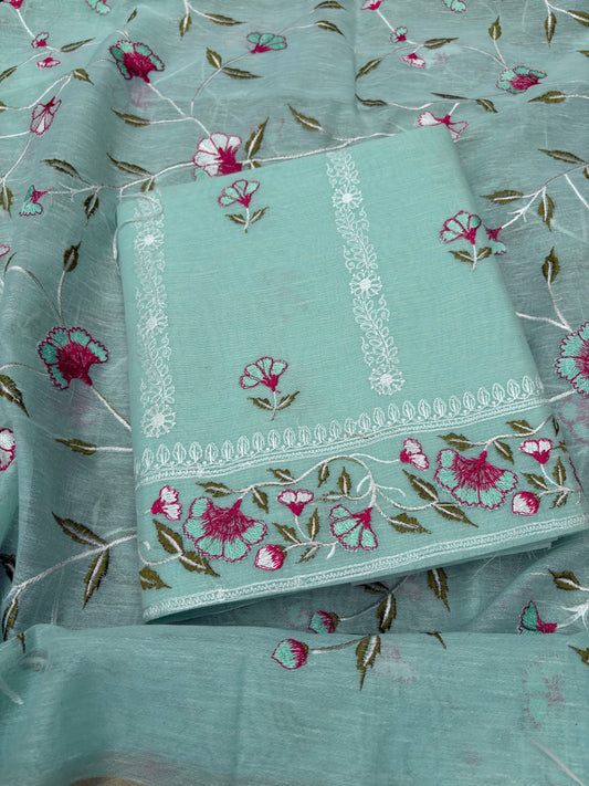 Blue linen cotton embroidered 3 piece suit set
