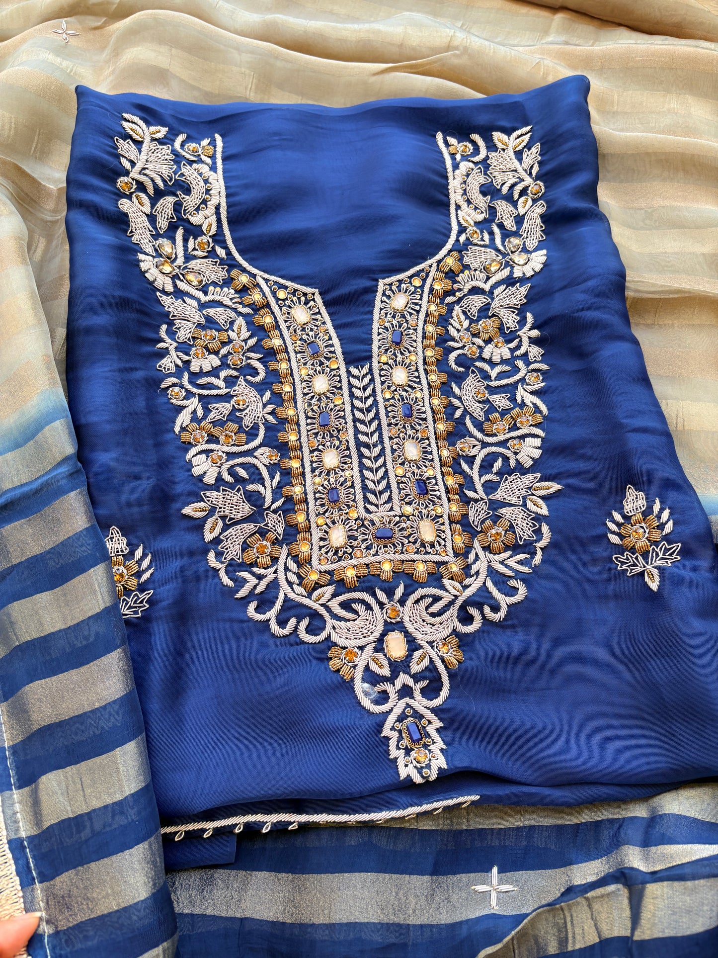 Blue tissue handwork suit with tissue dupatta