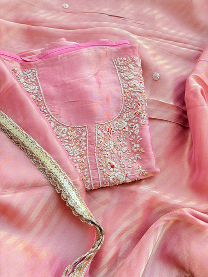Pink tissue silk hand embroidery suit set