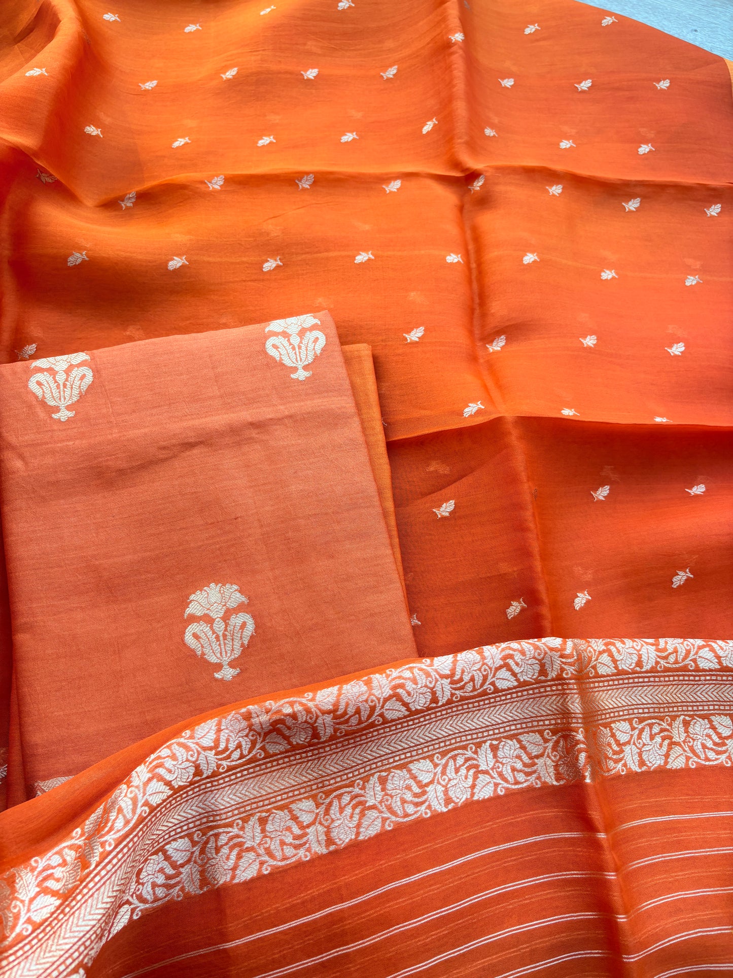 Rust moonga silk suit with kora kadhwa dupatta