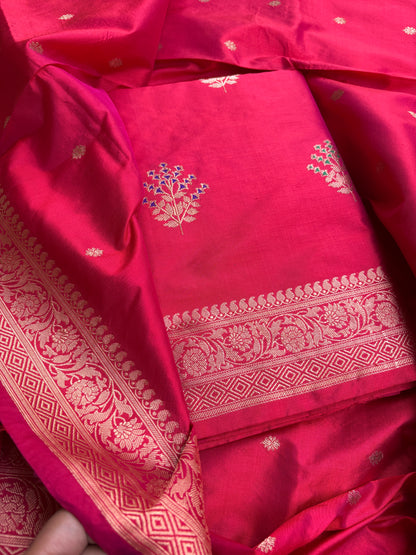 Red pink dhoop chau katan by katan silk suit set
