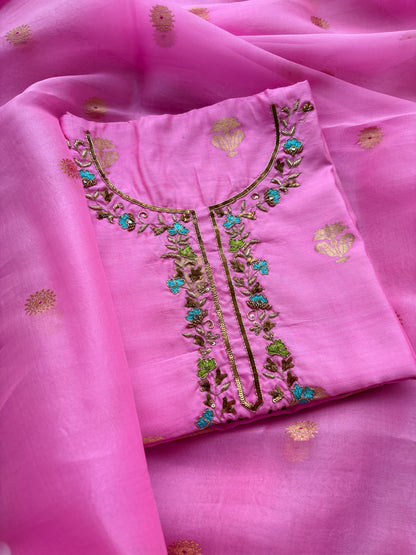Pink Chiniya silk with hand embroidered neck design .