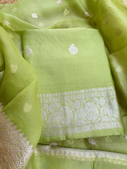 Lime green Chiniya kora silver zari suit set