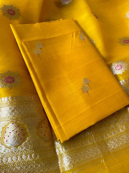 Yellow chiniya silk kurta, kora kadhwa dupatta 3 piece set