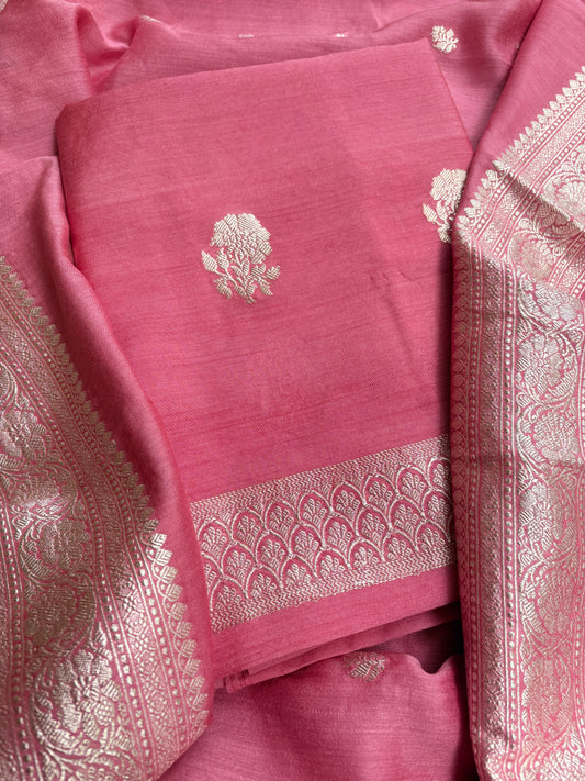 Peach moonga silk silver zari suit set