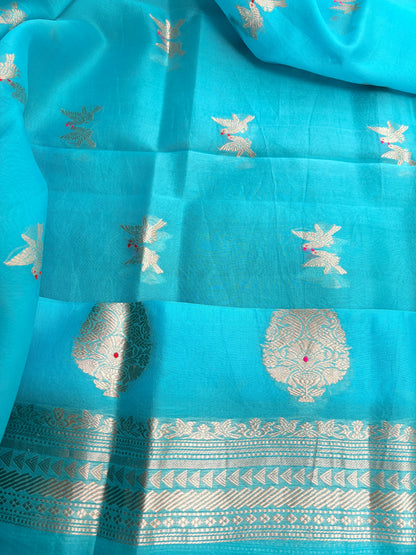 Blue pure silk kadhwa motif suit set