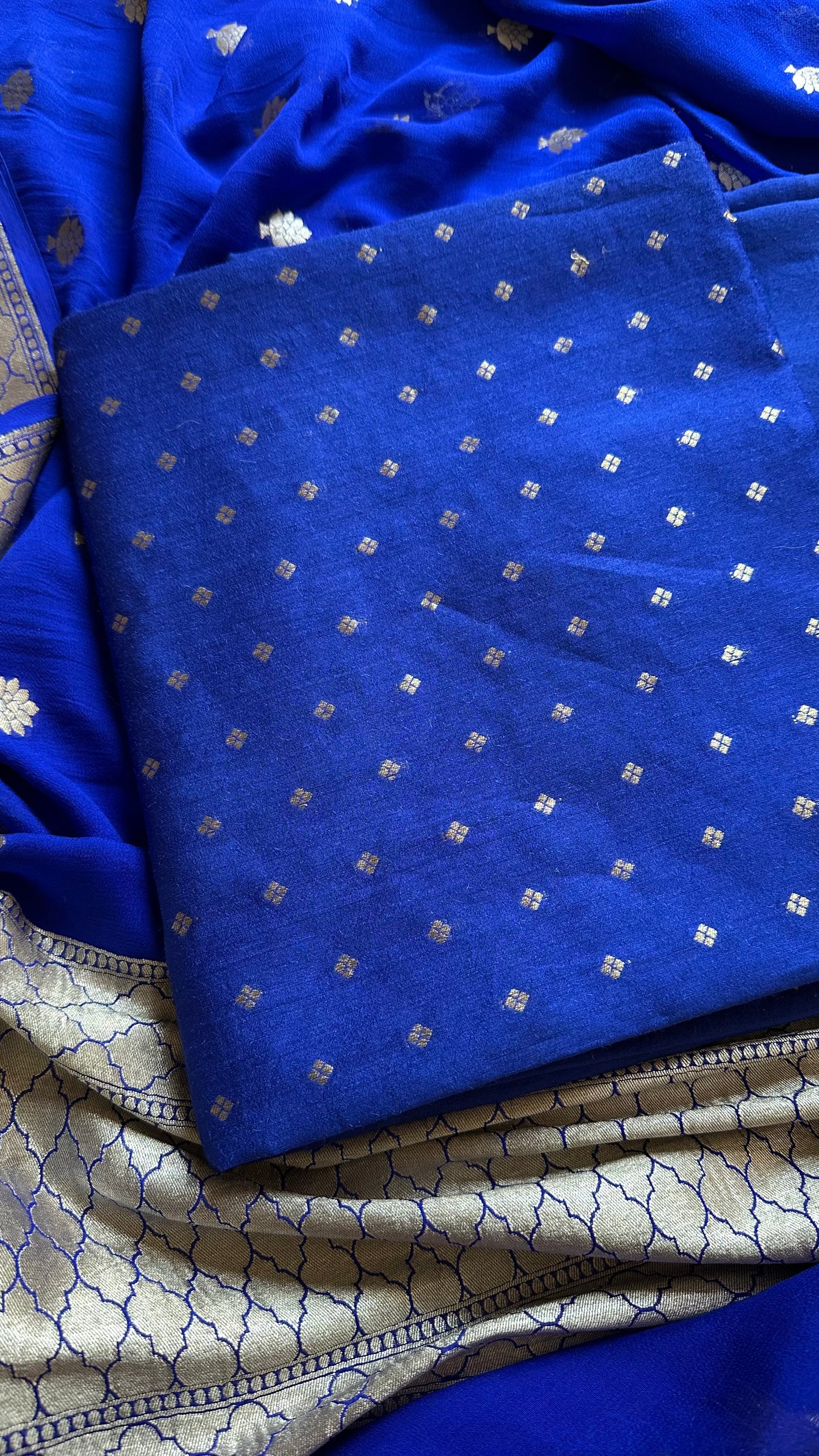 Blue pure moonga silk kurta, moonga silk bottom and georgette dupatta.