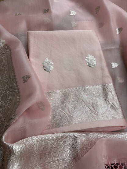 Pink Chiniya kadhwa silver zari 3 piece suit set