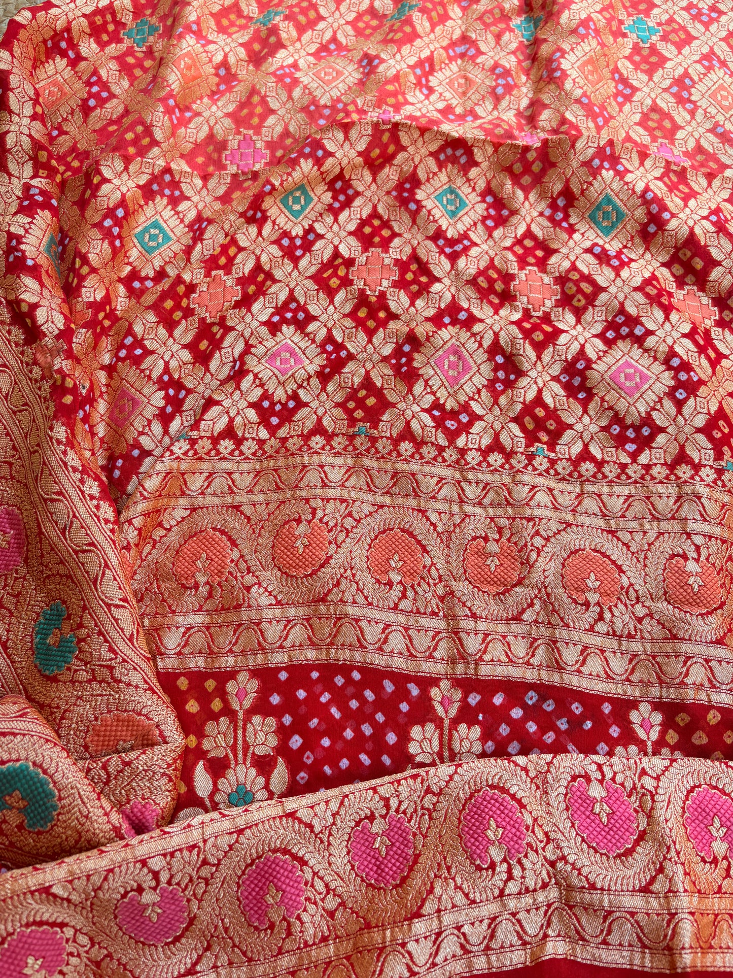 Red katan silk kurta with bandhani dupatta