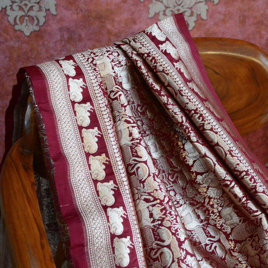Maroon Banrasi silk shikargah dupatta