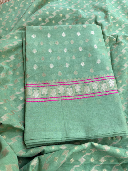 Green jamdani cotton 3 piece suit set