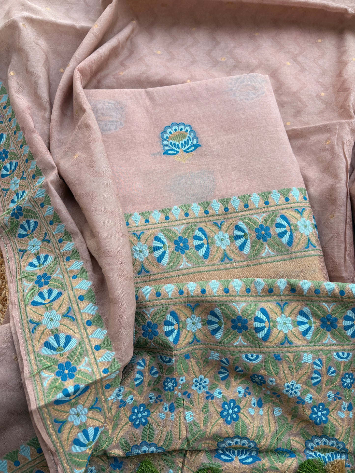 Peach Chanderi jaal weaving suit set