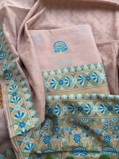 Peach Chanderi jaal weaving suit set
