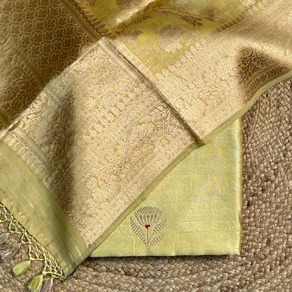 Lime yellow raw silk suit with jaal kora silk dupatta