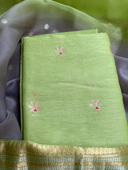 Green linen silk kurta, kora silk dupatta, plain bottom