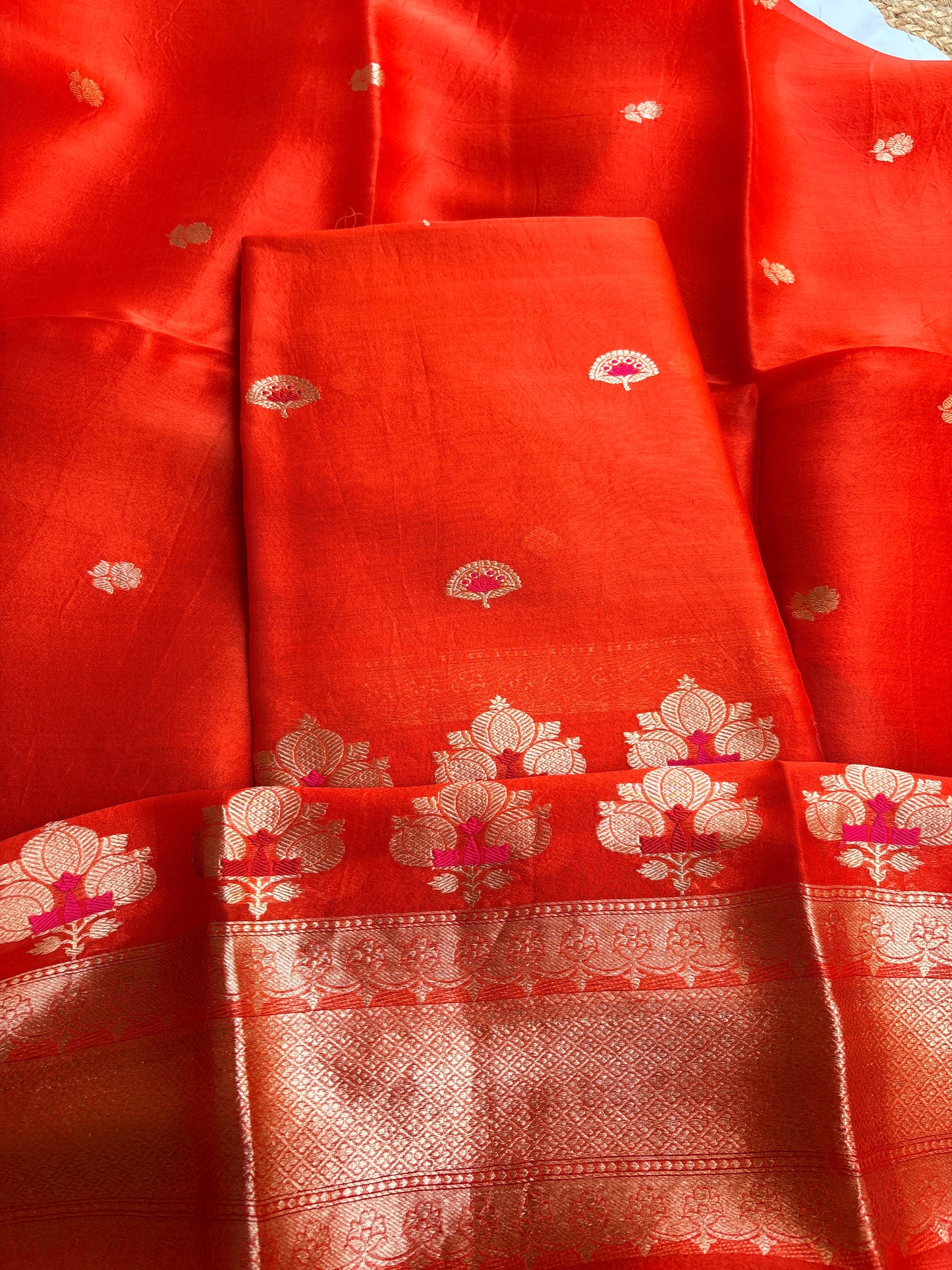 Orange kora kadhwa silk 3 piece suit set