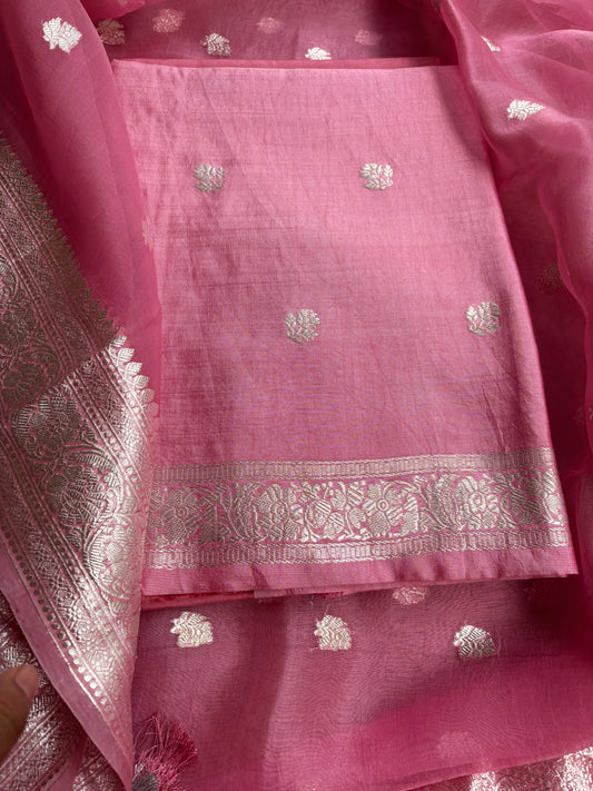 Pink silver zari Chiniya kora suit set
