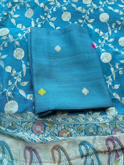 Firozi moonga silk suit set with jaal dupatta