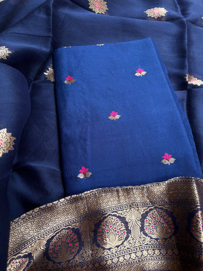 Blue Chiniya kora silk suit set