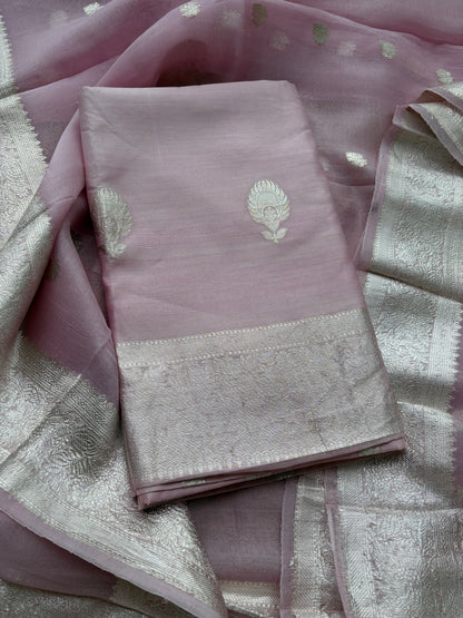 Pink lavender silver zari Chiniya silk suit set