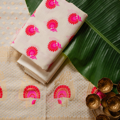 Cream Flower Tlifi weaving Chanderi Cotton Suit Set with Zari Work